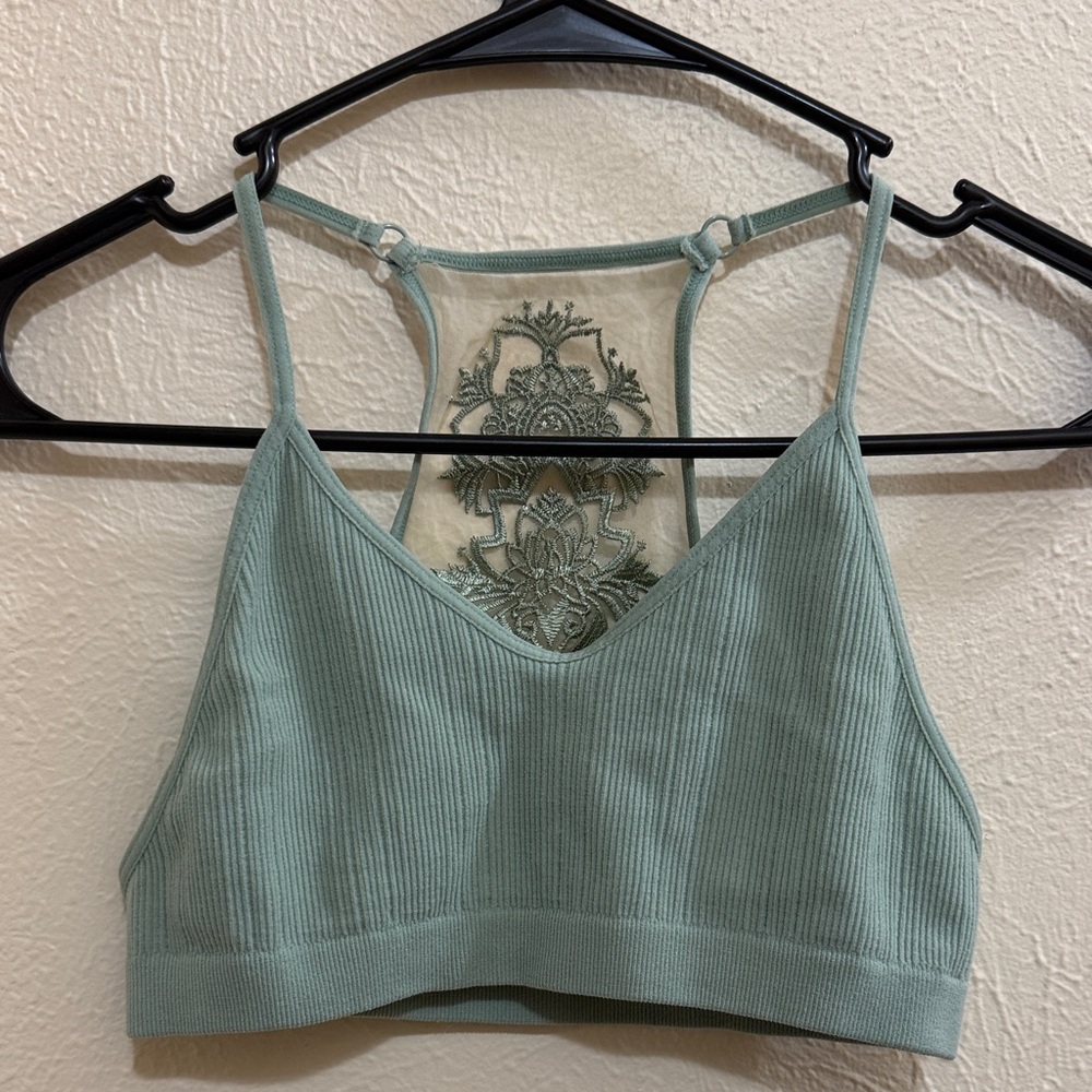 XS/S Sage Green Ribbed Bralette with Embroidered Back